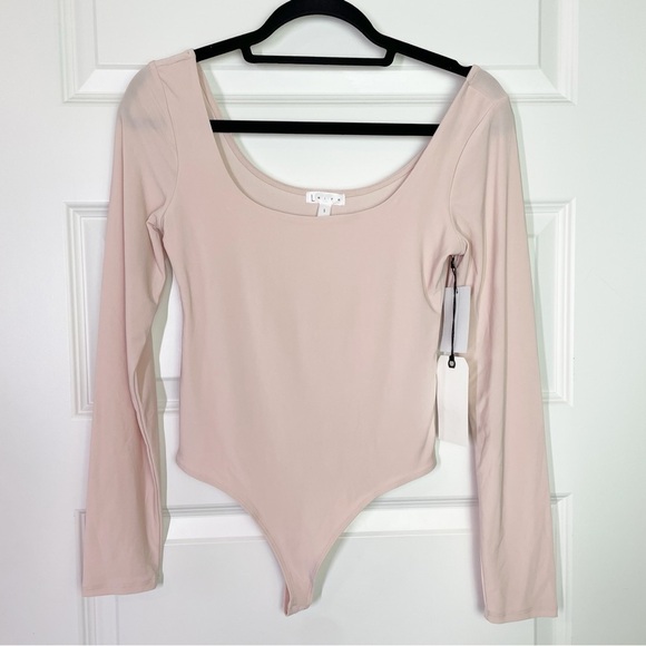 New Leith Nordstrom Double Scoop Long Sleeve Bodysuit in Pink Smoke - Picture 3 of 6